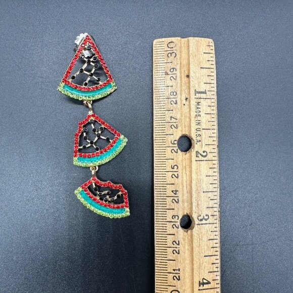 Watermelon Slice Dangly Earrings Summer Fruit Jewelry Red Green Rhinestones - Picture 6 of 6